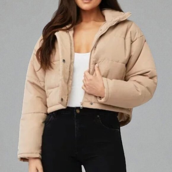 THE FIFTH LABEL Remake Puffer Tan Bomber Jacket Cropped Size Medium - Picture 1 of 14
